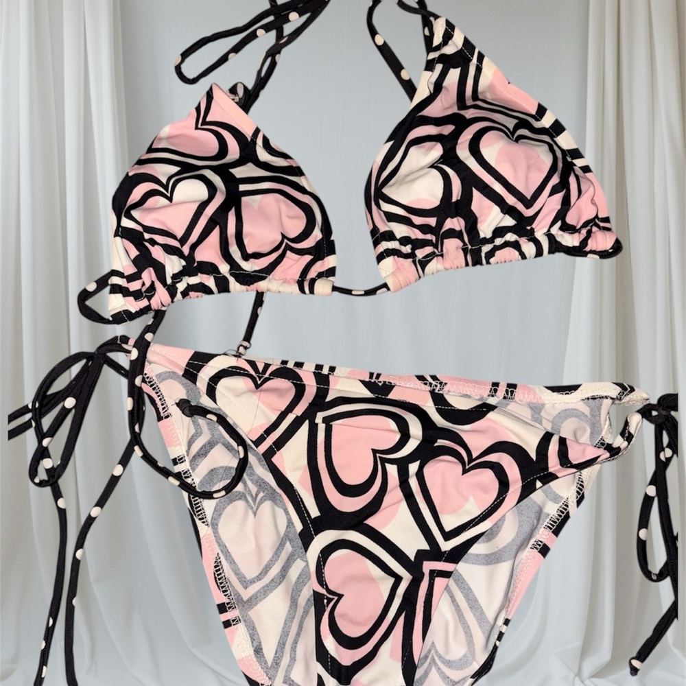 Fresh Peaches Pink and Black heart pattern bikini